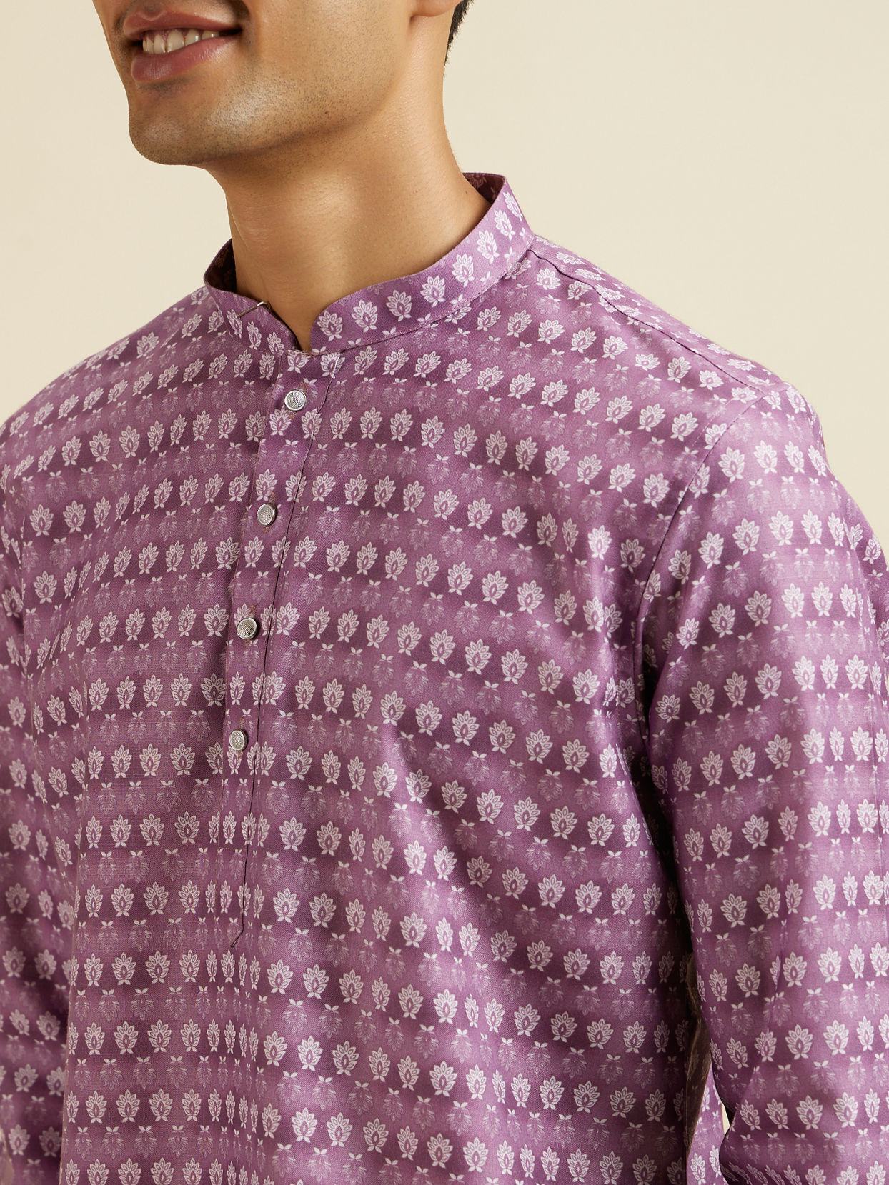 alt message - Manyavar Men Lilac Floral Buta Printed Short Kurta image number 1