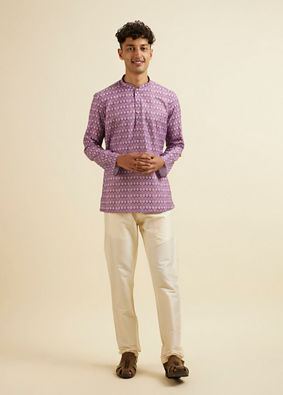 alt message - Manyavar Men Lilac Floral Buta Printed Short Kurta image number 2