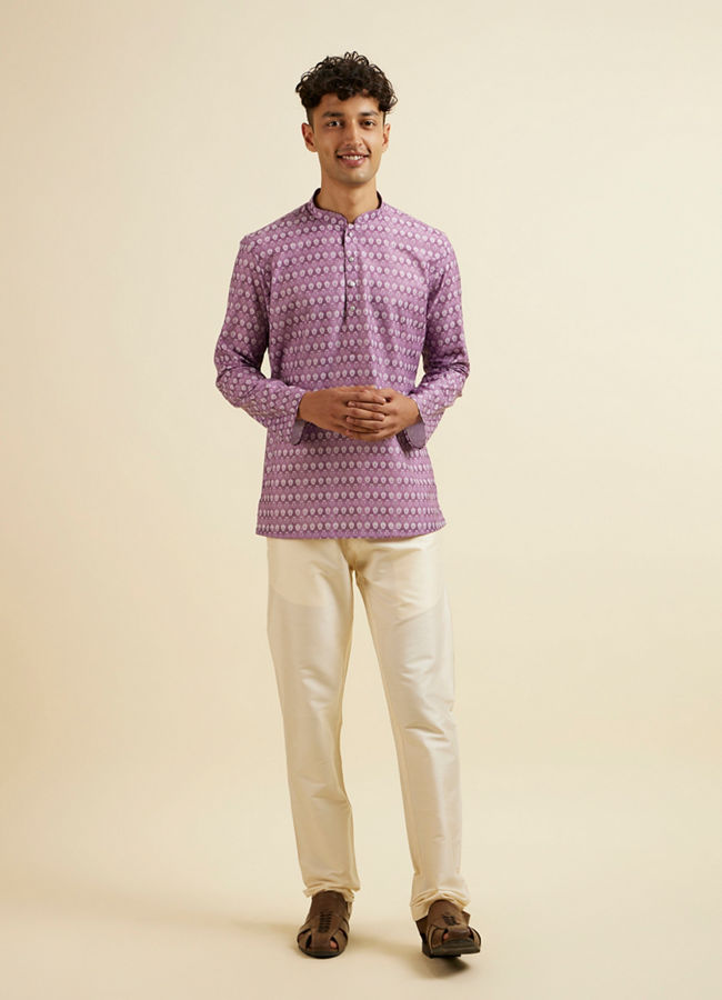 alt message - Manyavar Men Lilac Floral Buta Printed Short Kurta image number 2