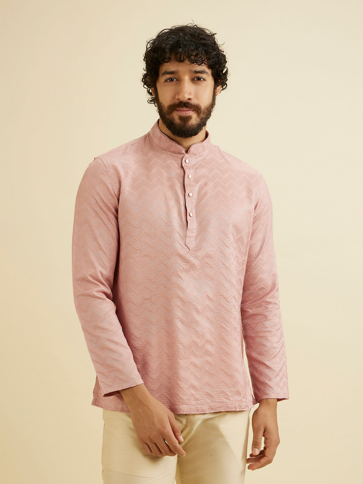 alt message - Manyavar Men Pink Resplendence Short Kurta image number 0