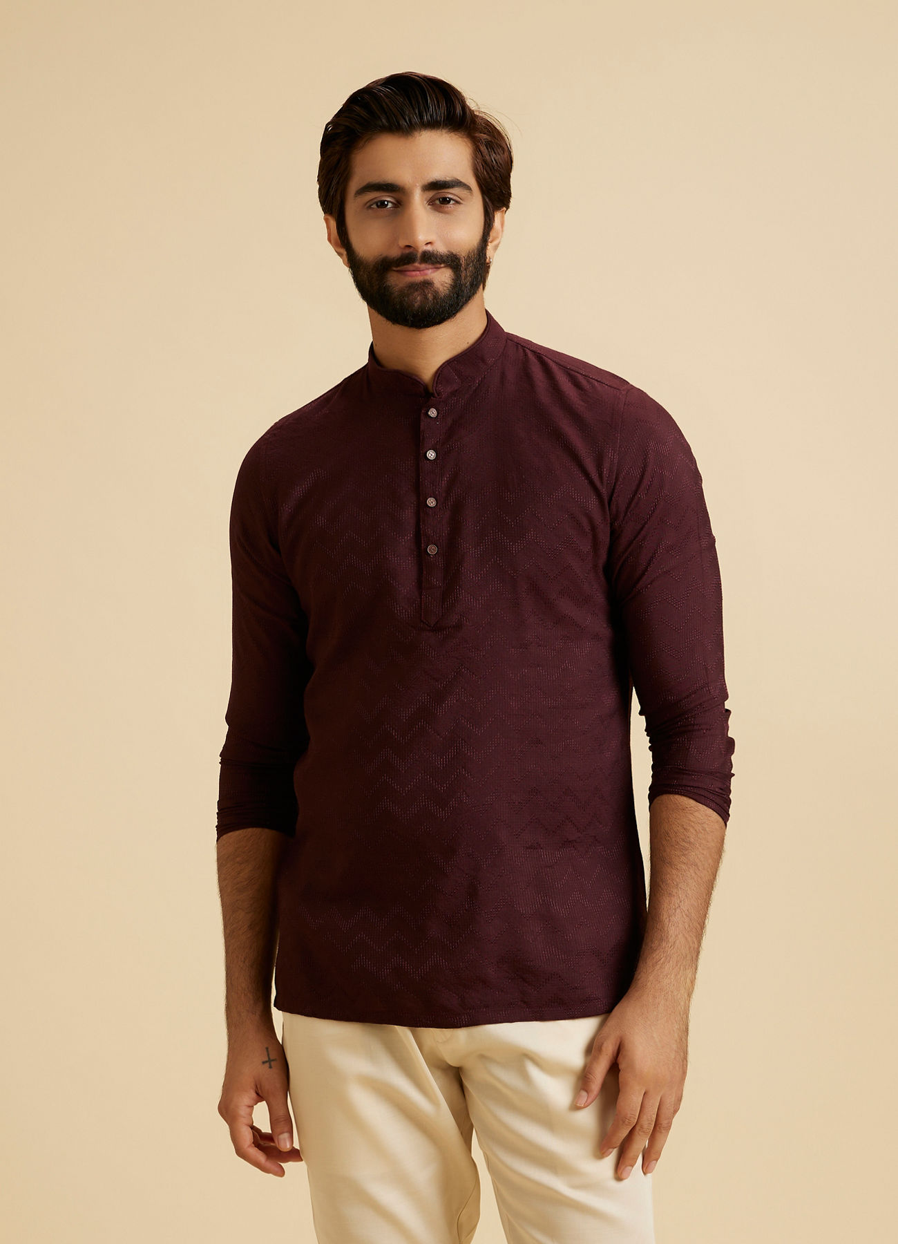Manyavar Men Wine Elegance Short Kurta