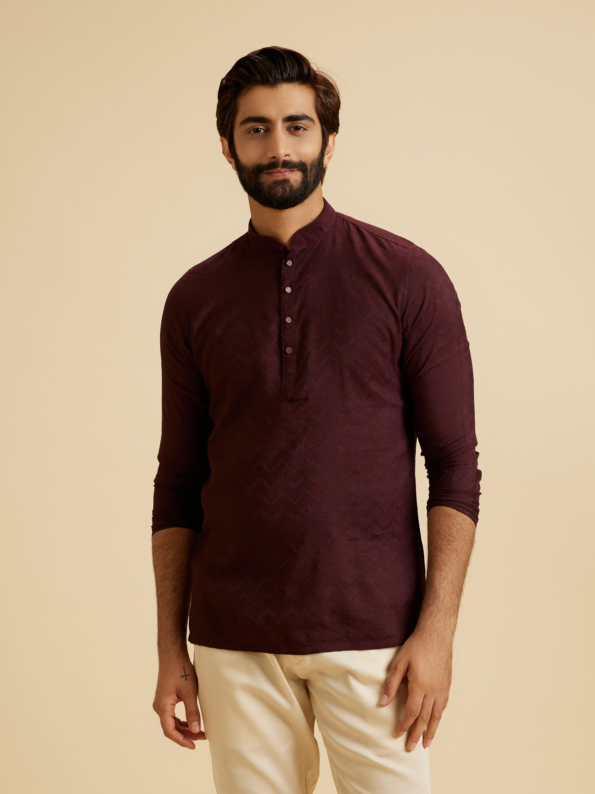 Manyavar Men Wine Elegance Short Kurta