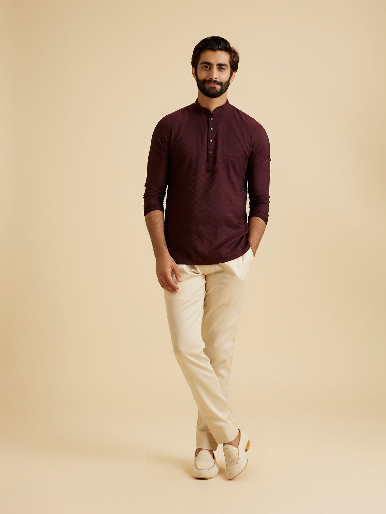 Manyavar Men Wine Elegance Short Kurta