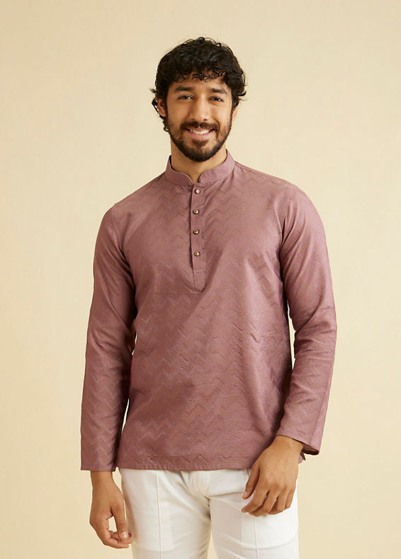 Manyavar Men Dusty Pink Chevron Patterned Short Kurta