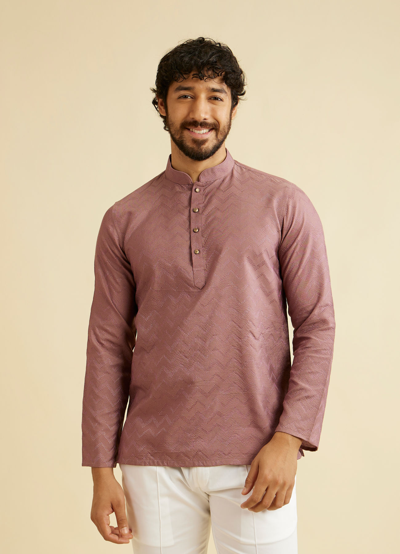 Manyavar Men Dusty Pink Chevron Patterned Short Kurta