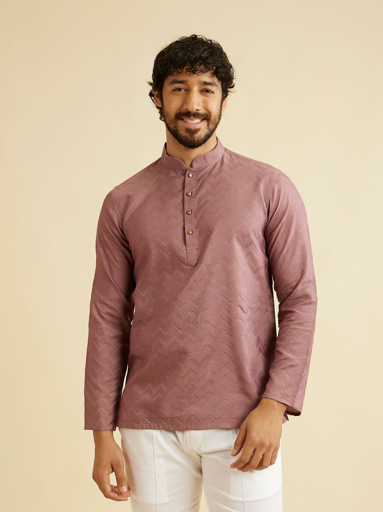 alt message - Manyavar Men Dusty Pink Chevron Patterned Short Kurta image number 0