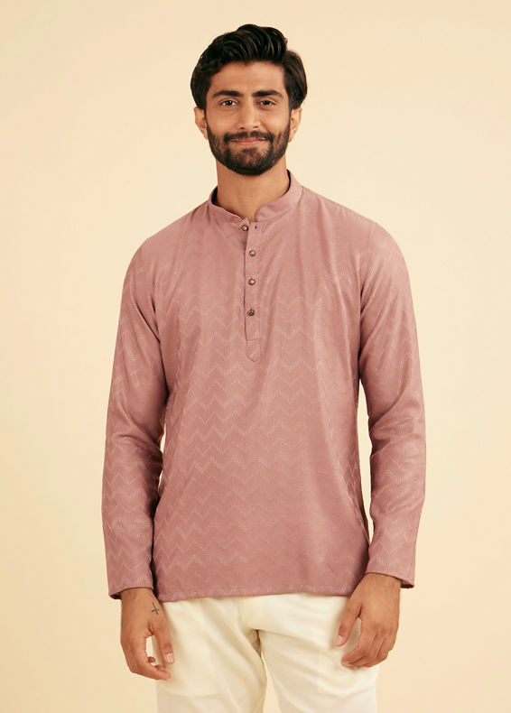Manyavar Men Dusty Pink Chevron Patterned Short Kurta