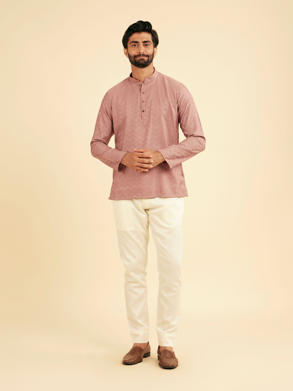 Manyavar Men Dusty Pink Chevron Patterned Short Kurta
