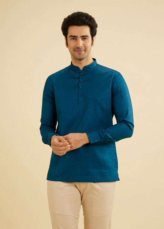 Manyavar Men Teal Blue Self Checkered Patterned Short Kurta