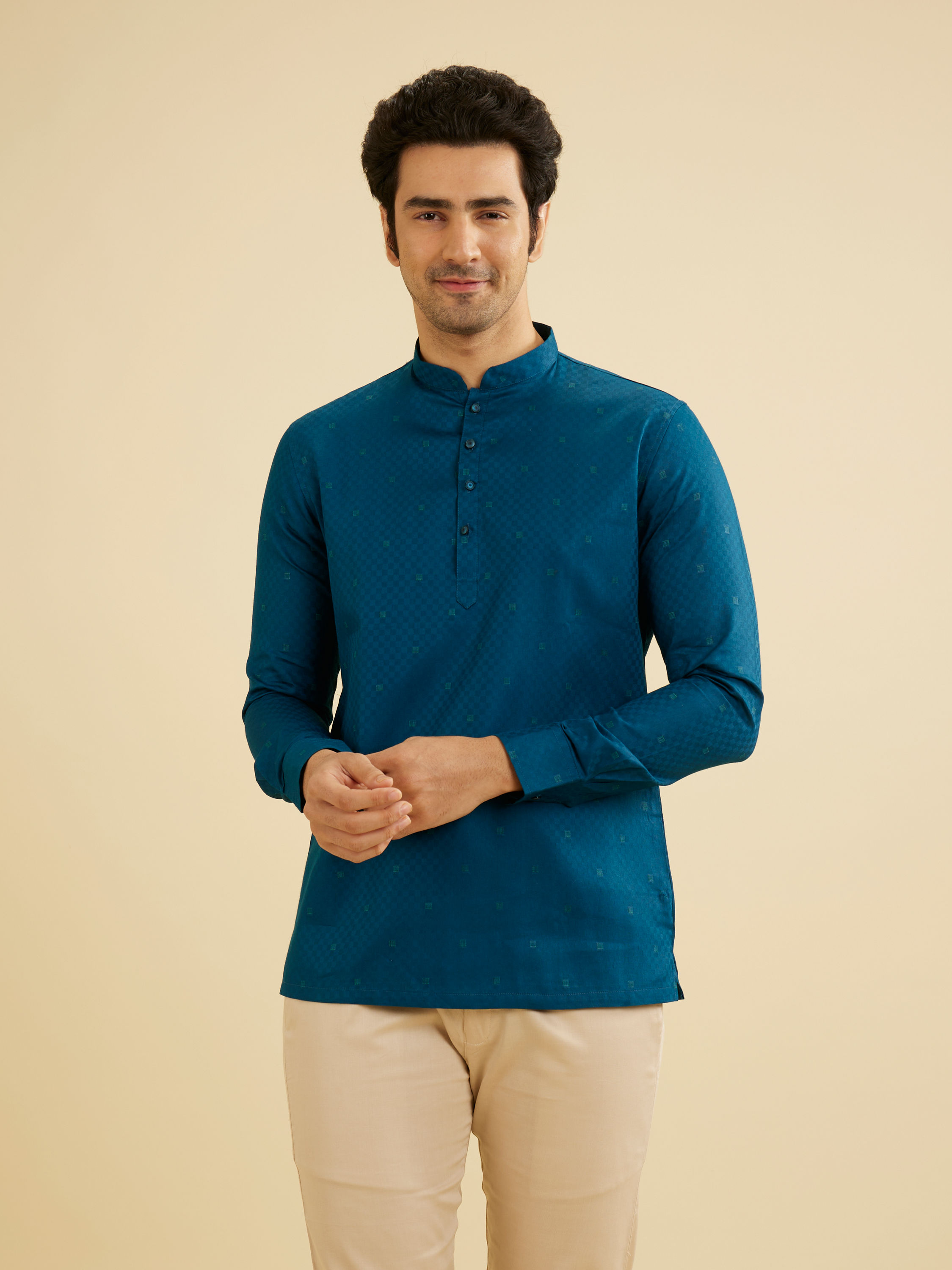 Manyavar Men Teal Blue Self Checkered Patterned Short Kurta