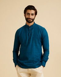 Manyavar Men Teal Blue Self Checkered Patterned Short Kurta