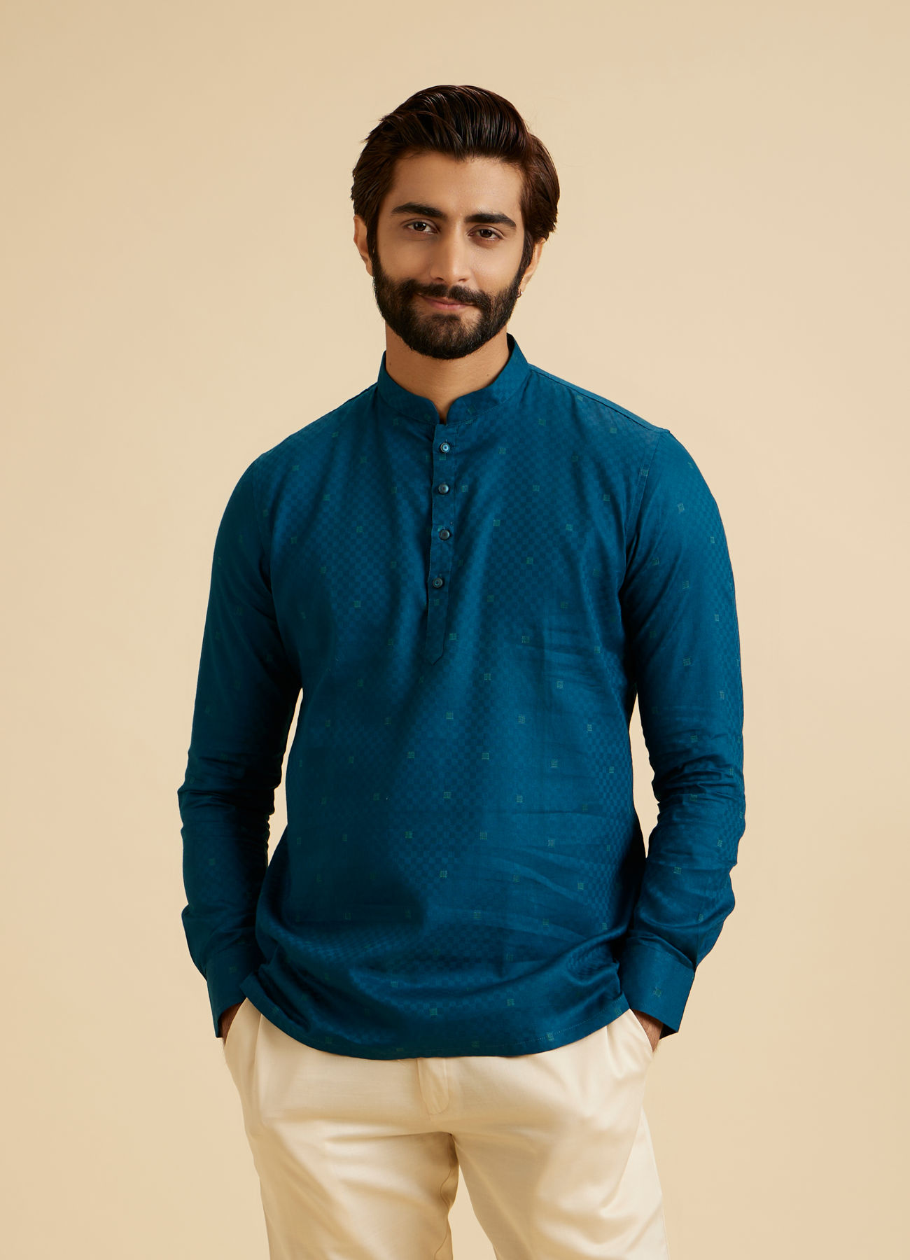 Manyavar Men Teal Blue Self Checkered Patterned Short Kurta