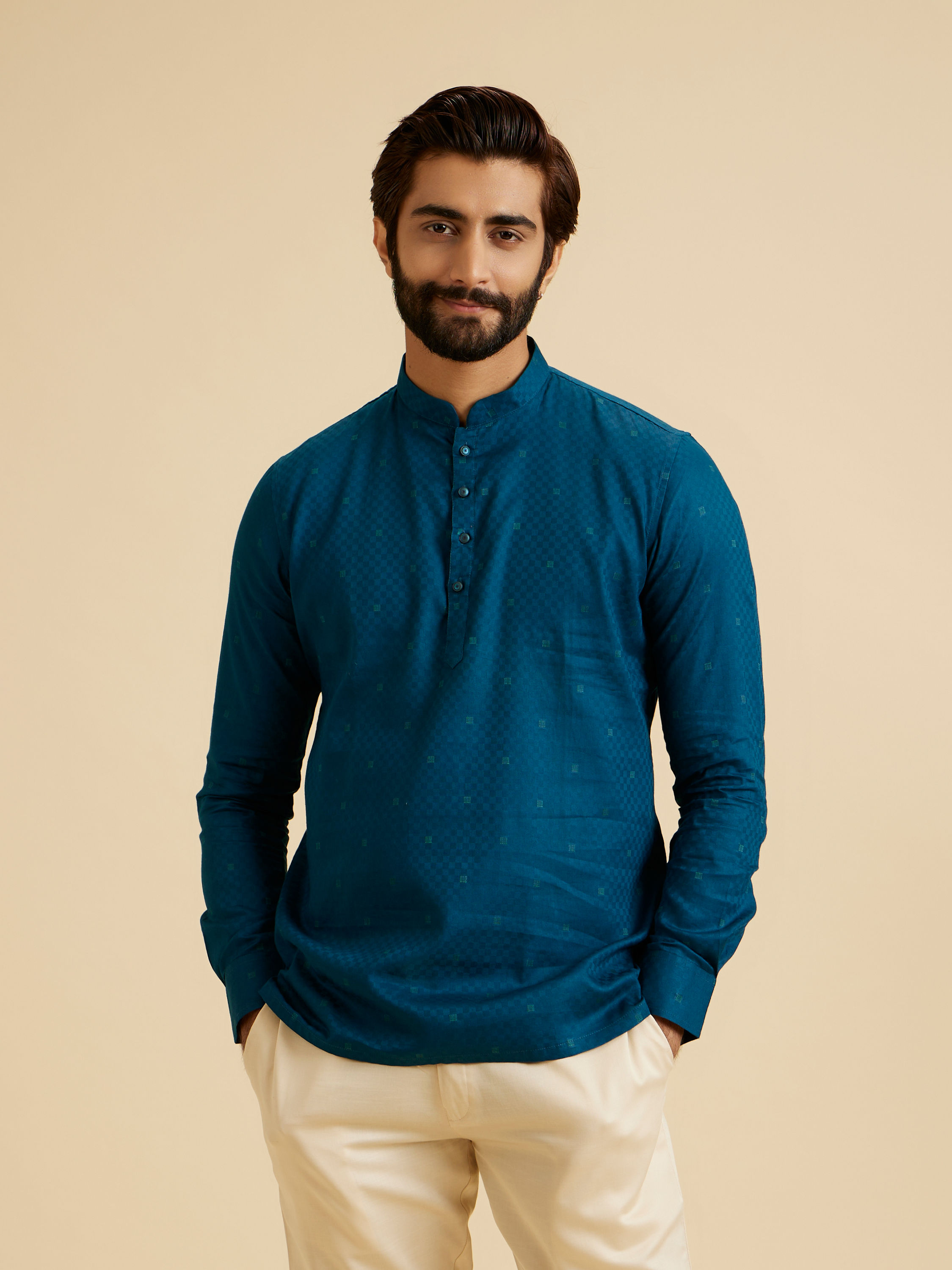 Manyavar Men Teal Blue Self Checkered Patterned Short Kurta
