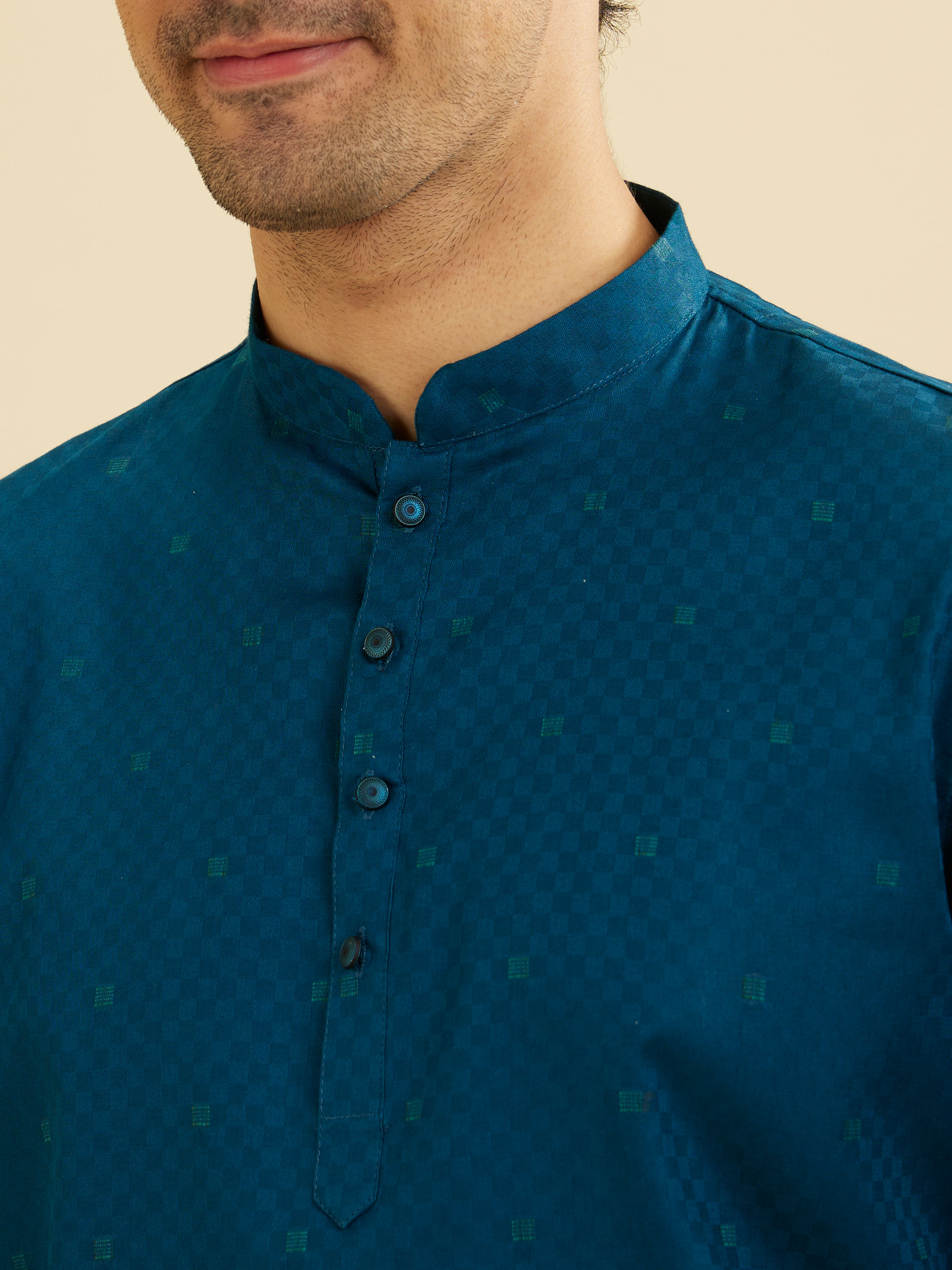 Manyavar Men Teal Blue Self Checkered Patterned Short Kurta