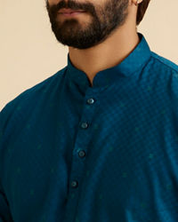 Manyavar Men Teal Blue Self Checkered Patterned Short Kurta
