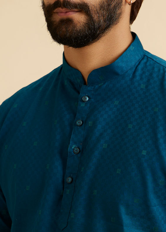 Manyavar Men Teal Blue Self Checkered Patterned Short Kurta