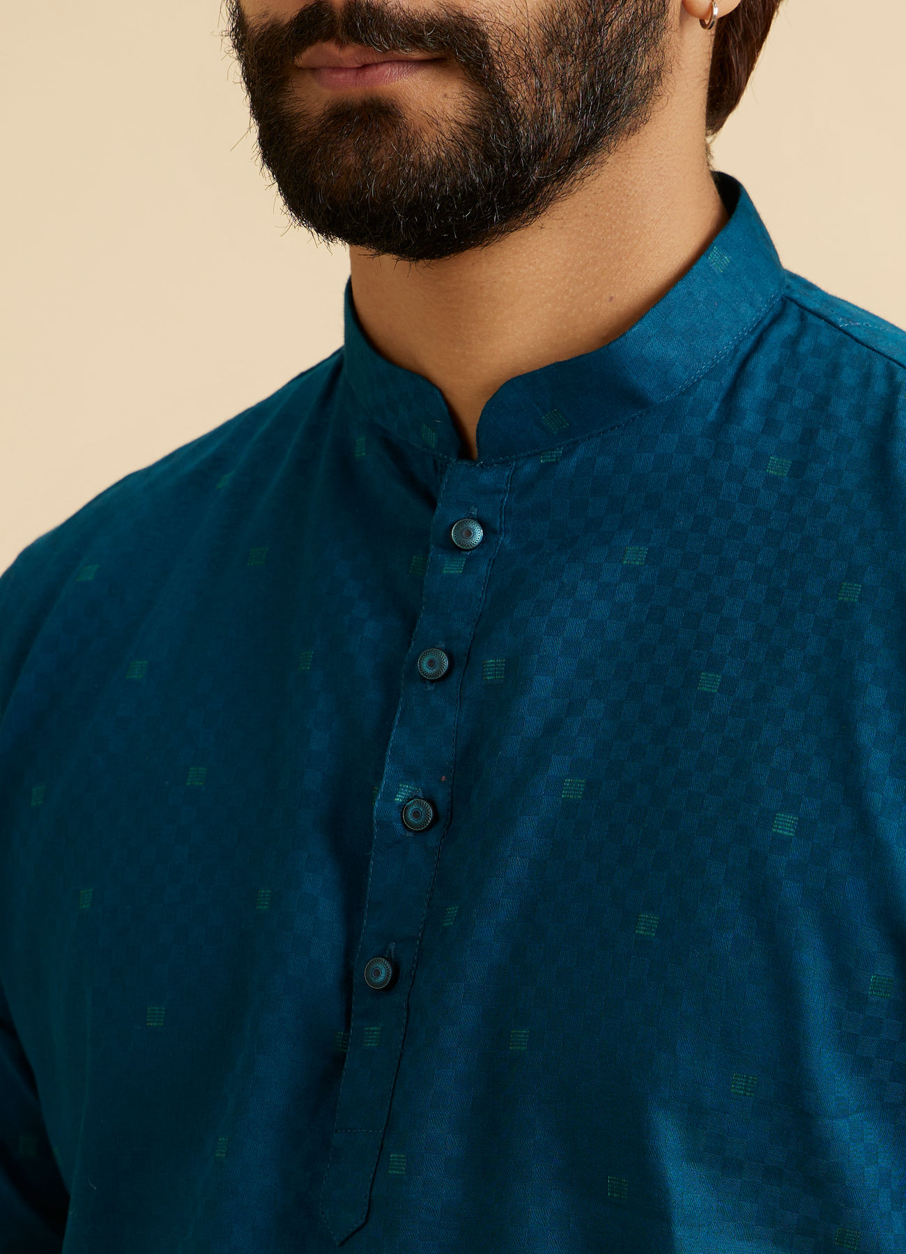 Manyavar Men Teal Blue Self Checkered Patterned Short Kurta