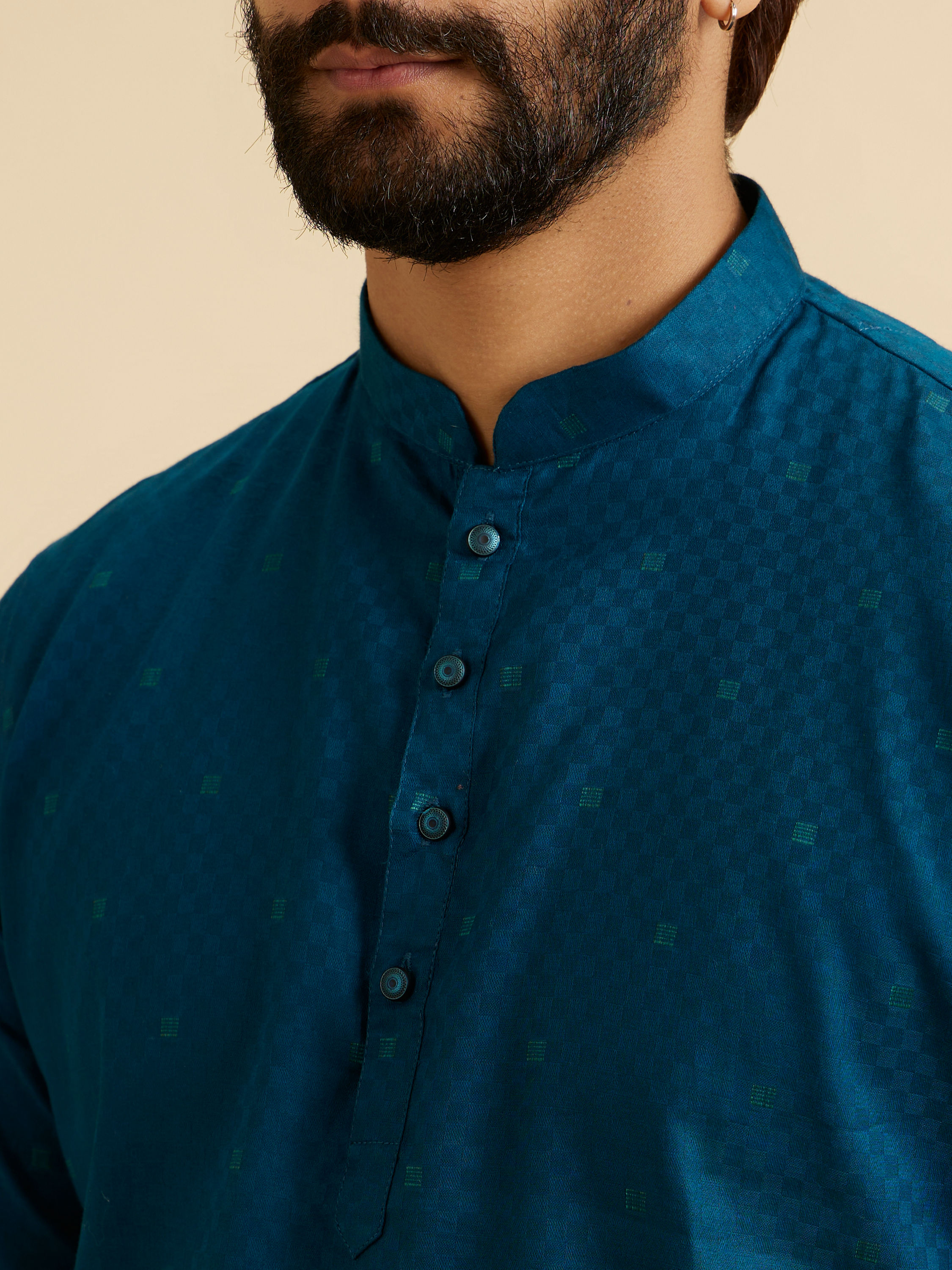 Manyavar Men Teal Blue Self Checkered Patterned Short Kurta