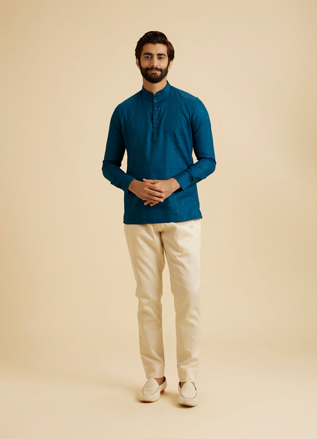 Manyavar Men Teal Blue Self Checkered Patterned Short Kurta