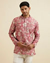 Manyavar Men Coral Pink Floral Printed Short Kurta image number 0