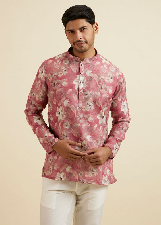Manyavar Men Coral Pink Floral Printed Short Kurta