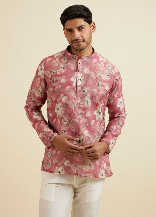 Manyavar Men Coral Pink Floral Printed Short Kurta