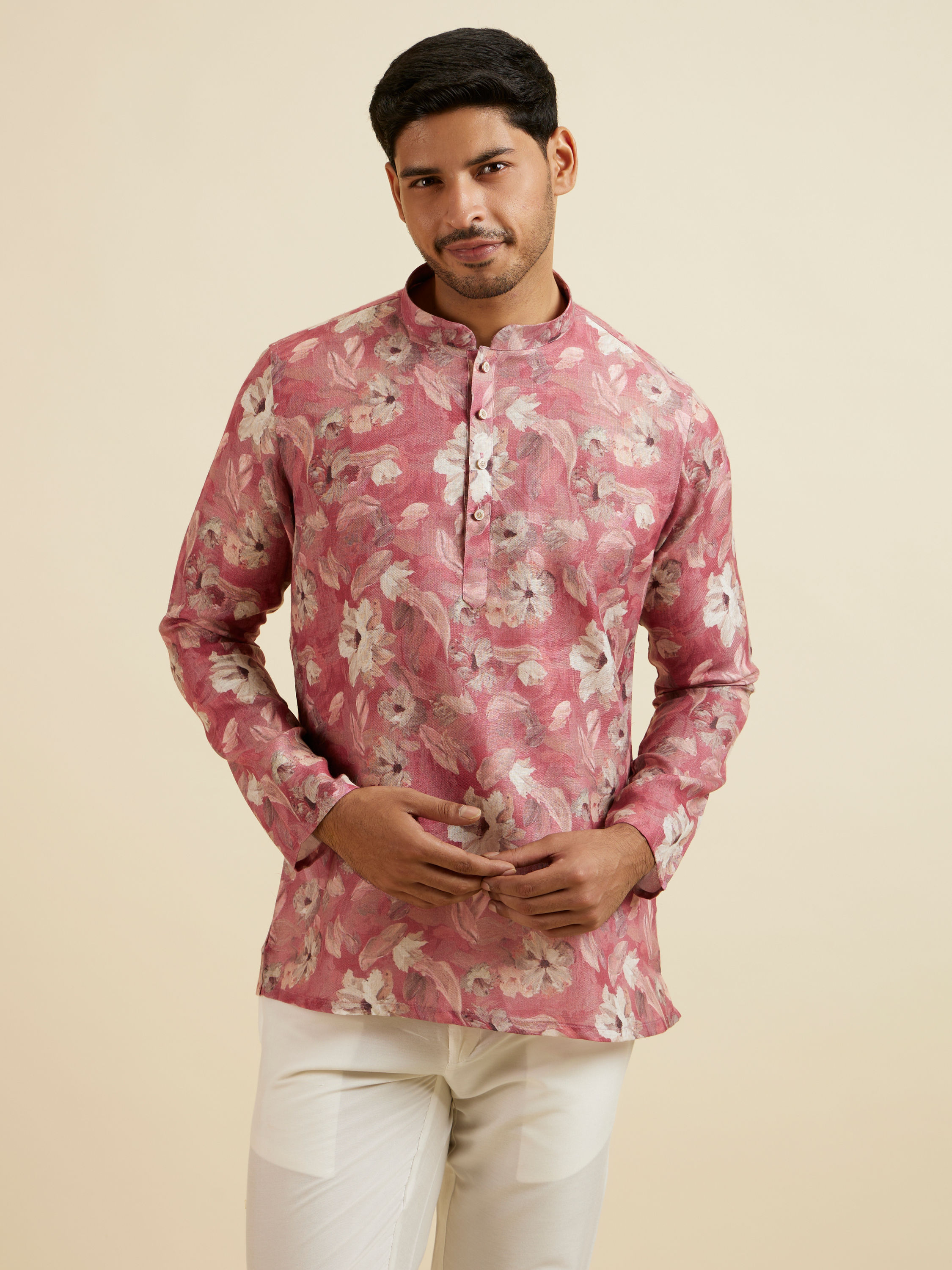 Manyavar Men Coral Pink Floral Printed Short Kurta