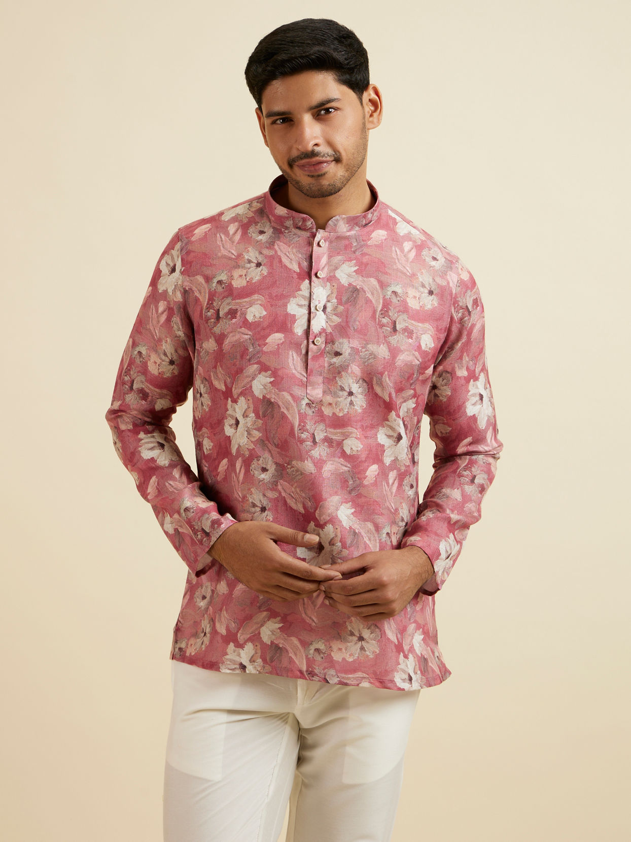 Manyavar Men Coral Pink Floral Printed Short Kurta