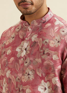 Manyavar Men Coral Pink Floral Printed Short Kurta