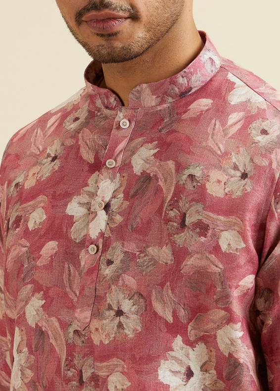 Manyavar Men Coral Pink Floral Printed Short Kurta