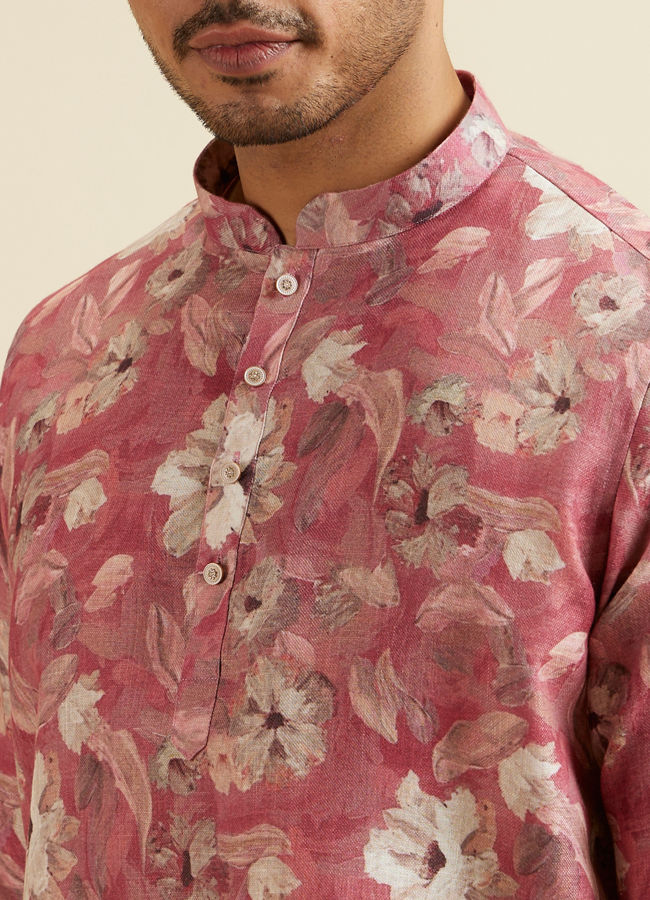 Manyavar Men Coral Pink Floral Printed Short Kurta