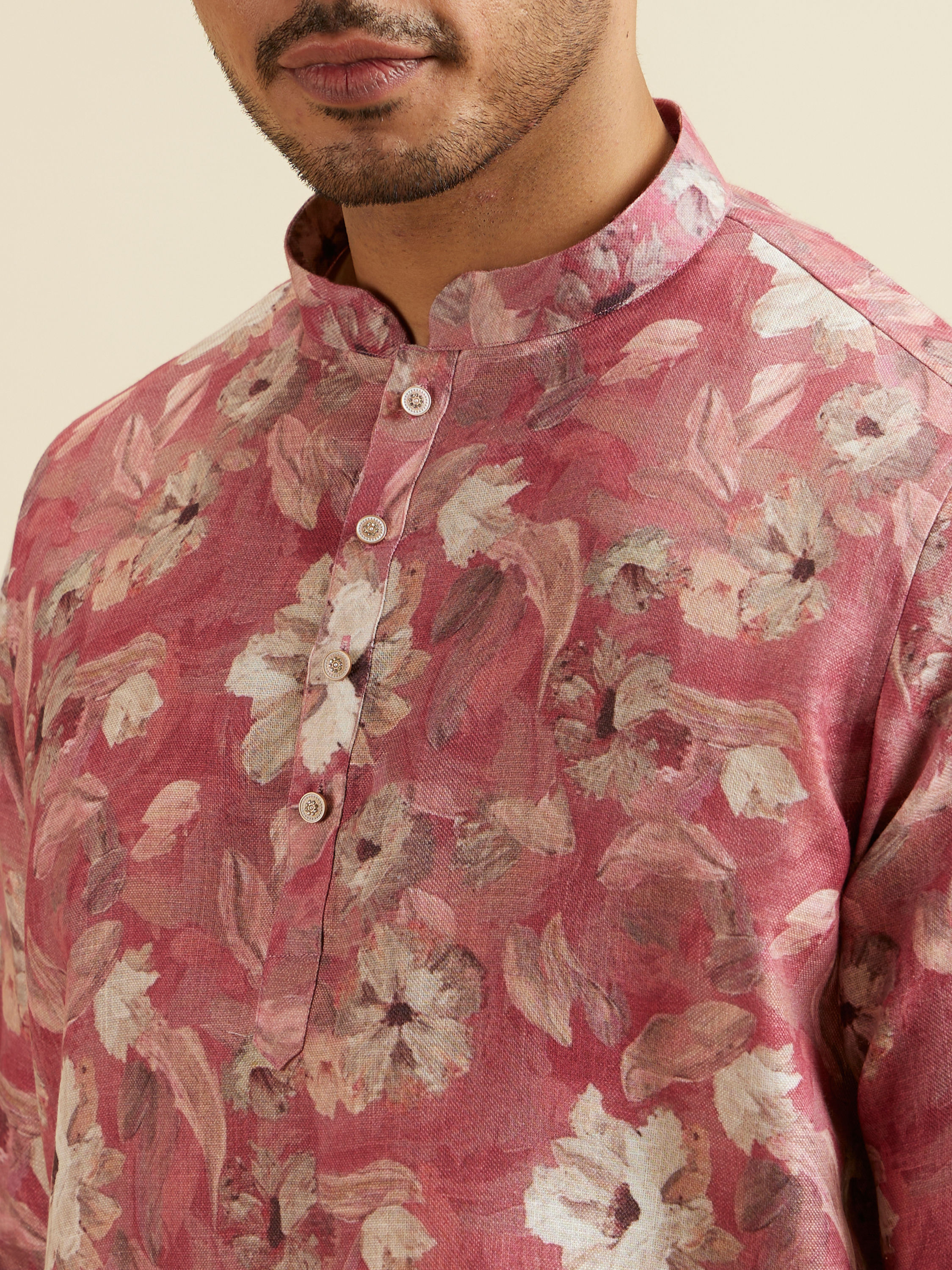 Manyavar Men Coral Pink Floral Printed Short Kurta