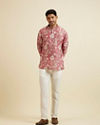 Manyavar Men Coral Pink Floral Printed Short Kurta