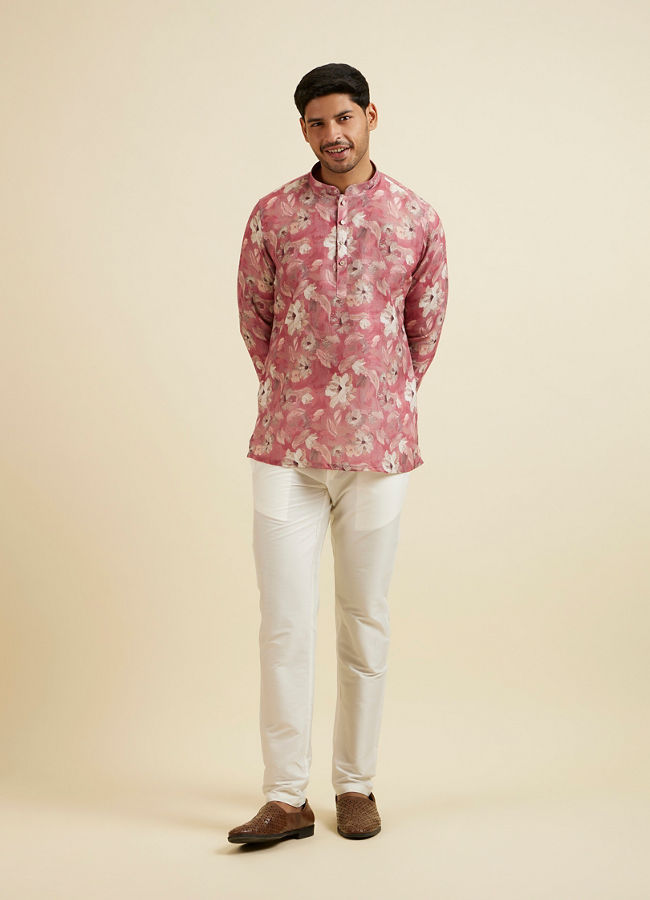 Manyavar Men Coral Pink Floral Printed Short Kurta image number 2