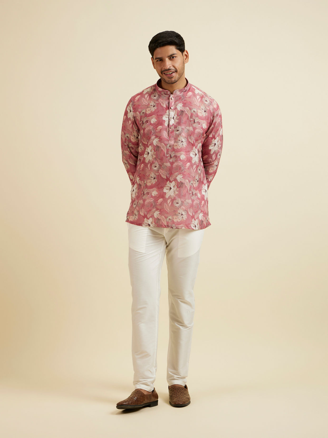 Manyavar Men Coral Pink Floral Printed Short Kurta