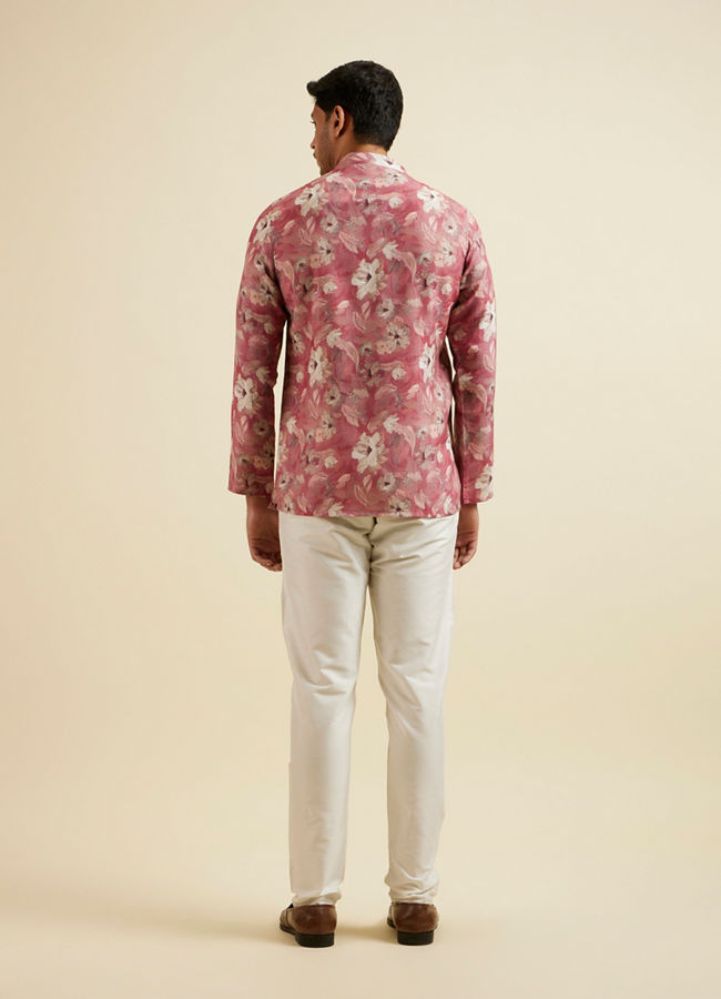 Manyavar Men Coral Pink Floral Printed Short Kurta