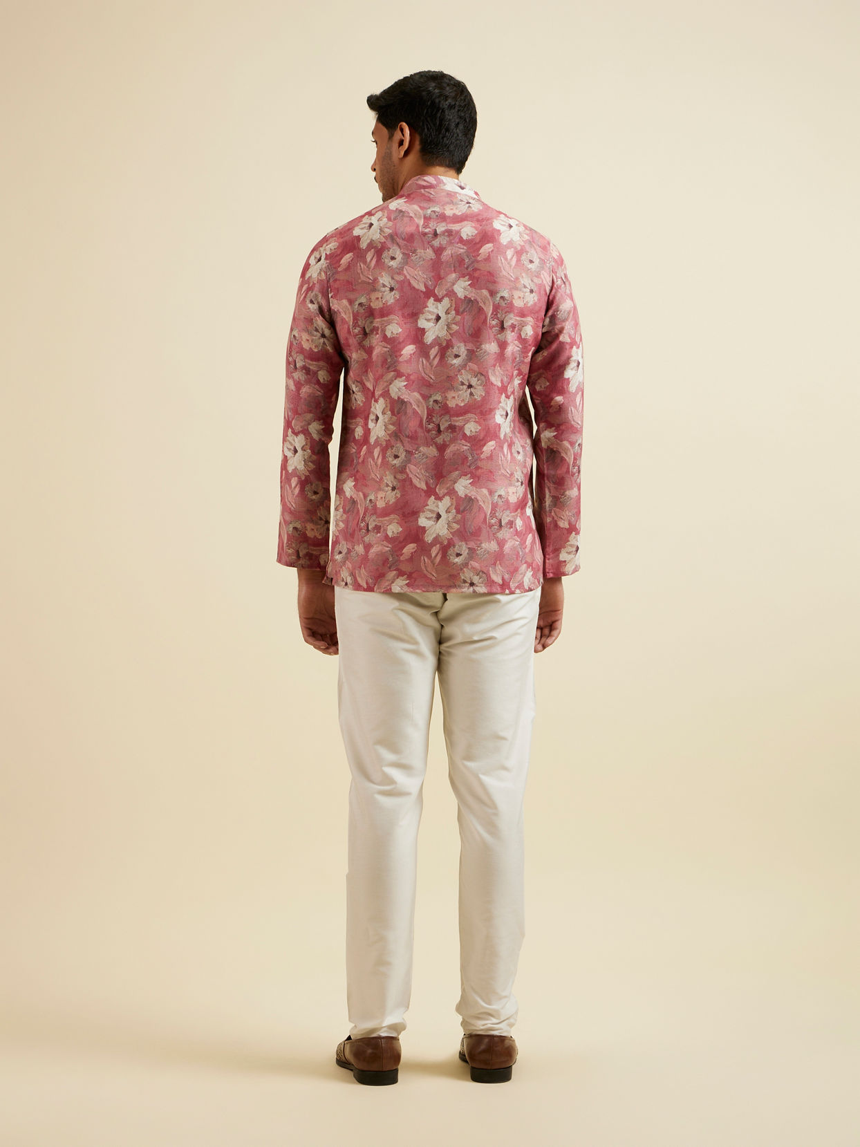Manyavar Men Coral Pink Floral Printed Short Kurta