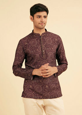 Manyavar Men Wine Worli Art Print Short Kurta
