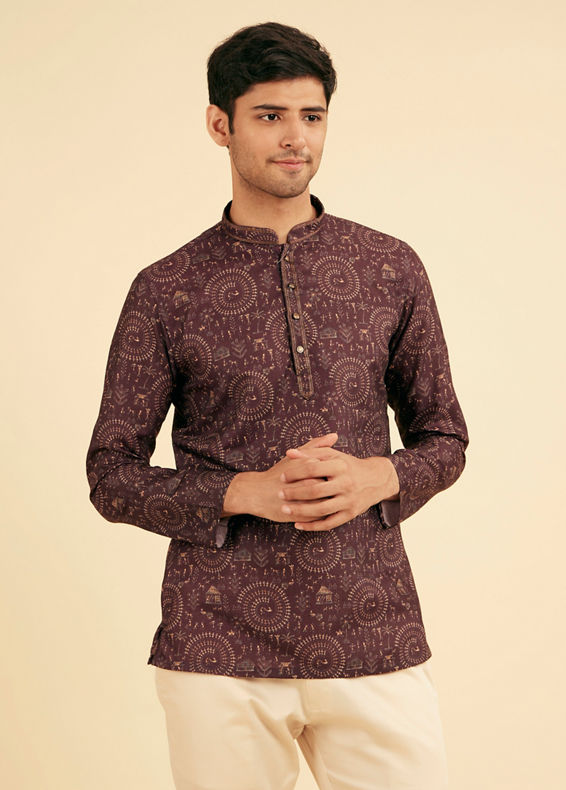 Manyavar Men Wine Worli Art Print Short Kurta