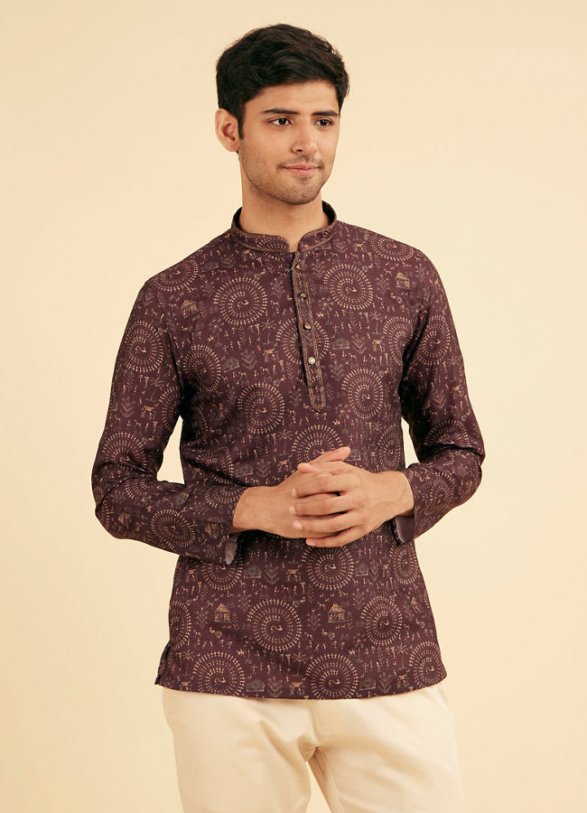 Manyavar Men Wine Worli Art Print Short Kurta