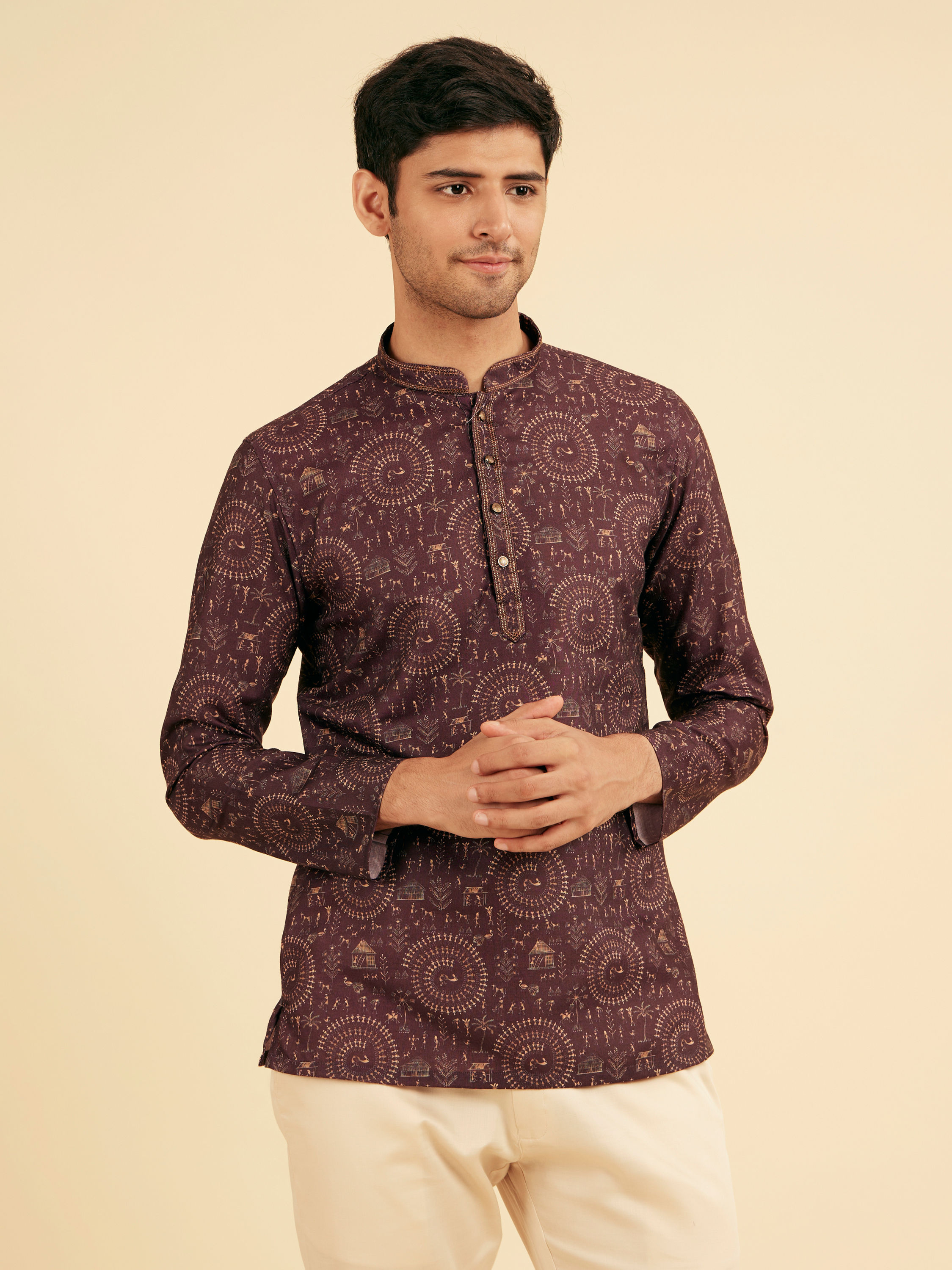 Manyavar Men Wine Worli Art Print Short Kurta