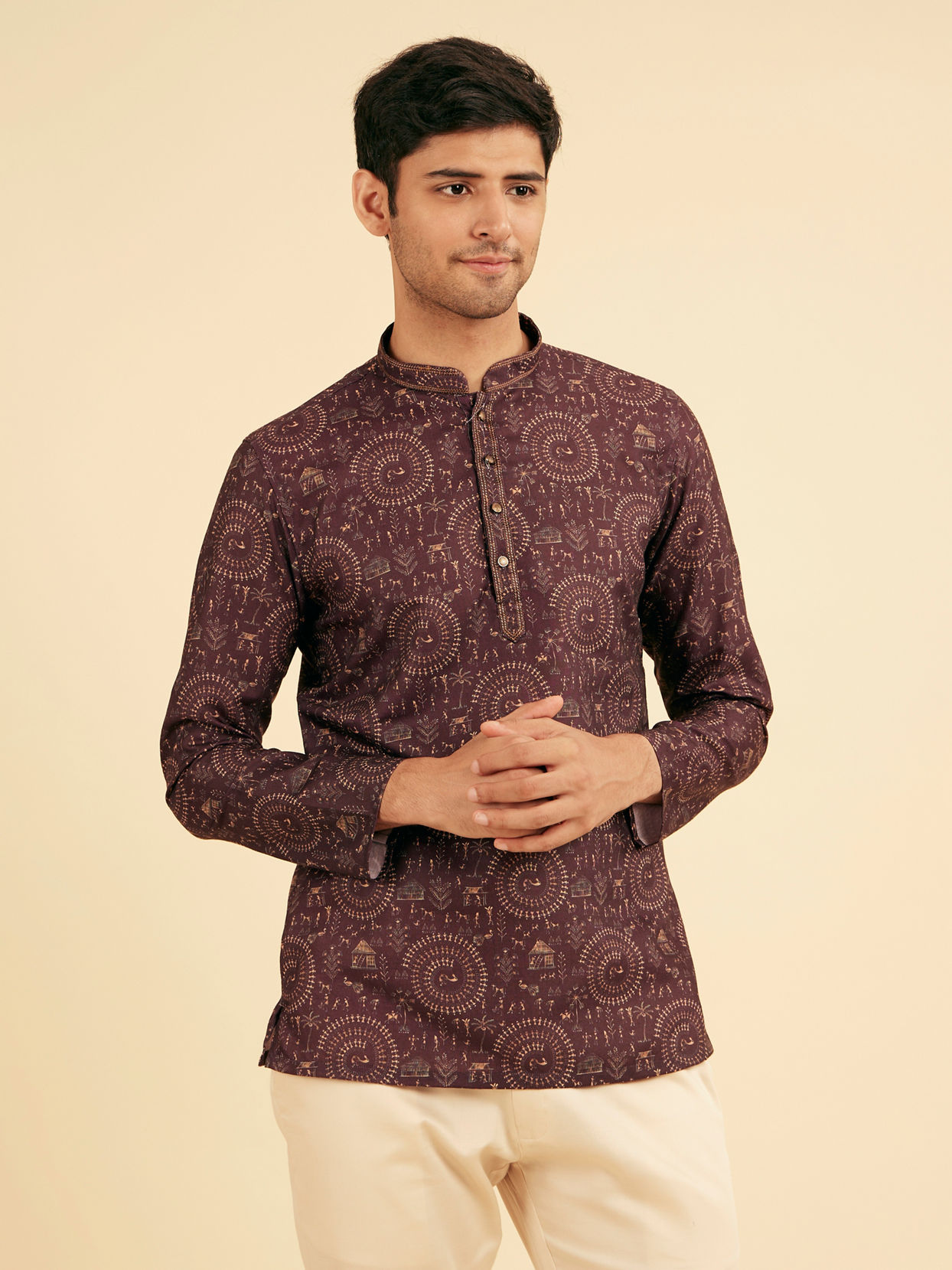 Manyavar Men Wine Worli Art Print Short Kurta