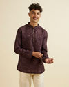 alt message - Manyavar Men Wine Worli Art Print Short Kurta image number 0