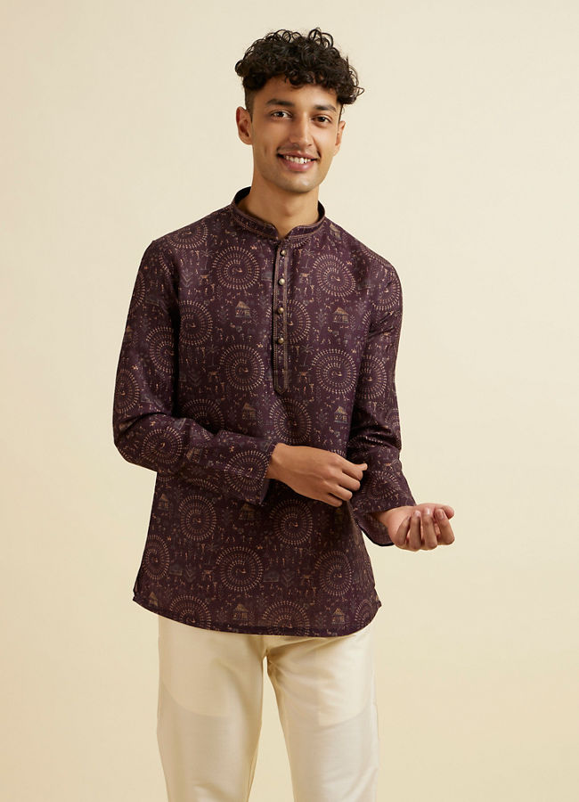 alt message - Manyavar Men Wine Worli Art Print Short Kurta image number 0