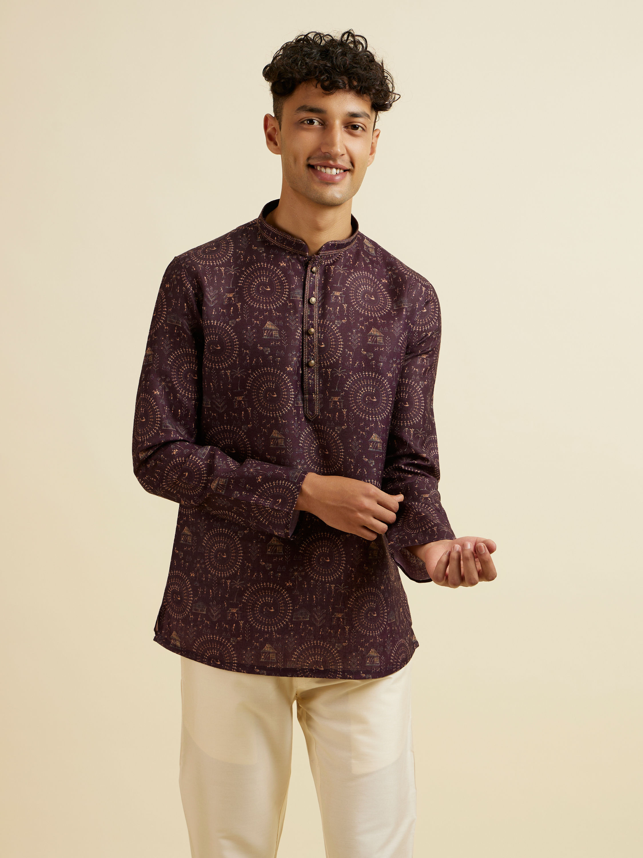 Manyavar Men Wine Worli Art Print Short Kurta