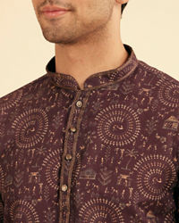 Manyavar Men Wine Worli Art Print Short Kurta