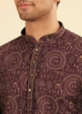 Manyavar Men Wine Worli Art Print Short Kurta
