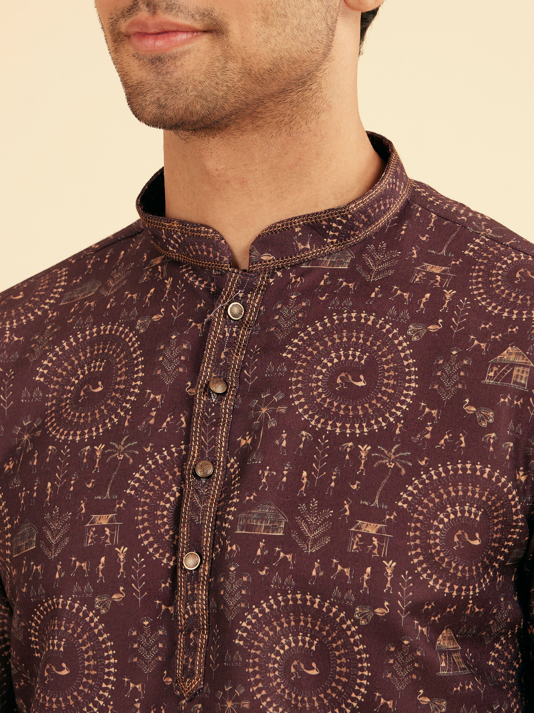Manyavar Men Wine Worli Art Print Short Kurta