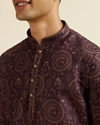 alt message - Manyavar Men Wine Worli Art Print Short Kurta image number 1