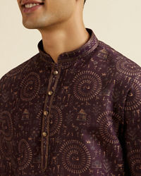 Manyavar Men Wine Worli Art Print Short Kurta